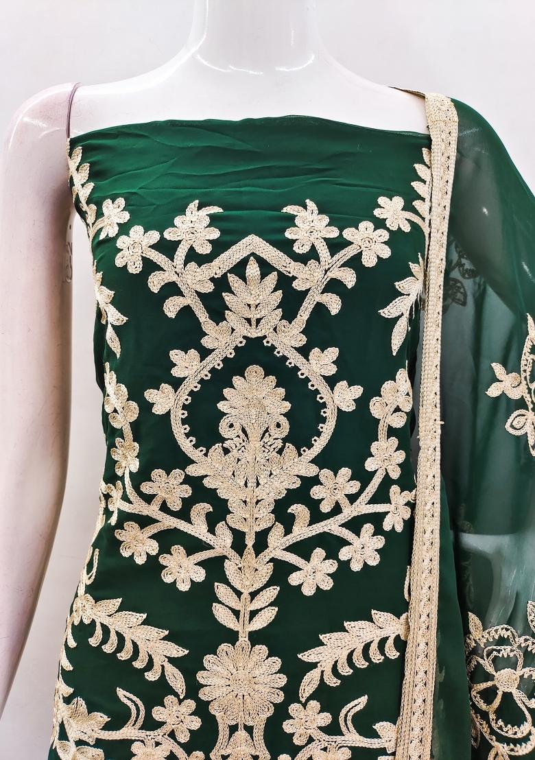 Green Embroidered Georgette Dress Material - Indya