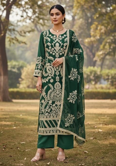 Green Embroidered Georgette Dress Material