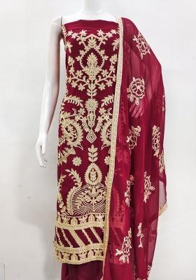 Maroon Embroidered Georgette Dress Material