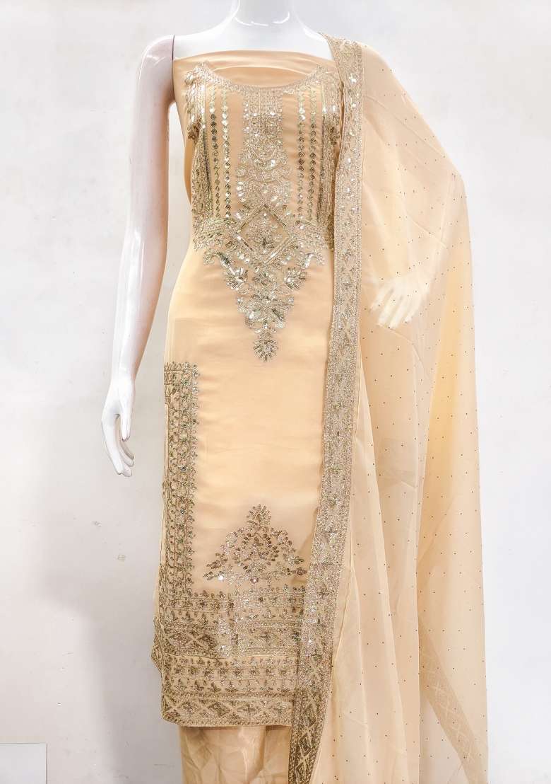 Beige Embroidered Georgette Dress Material - Indya