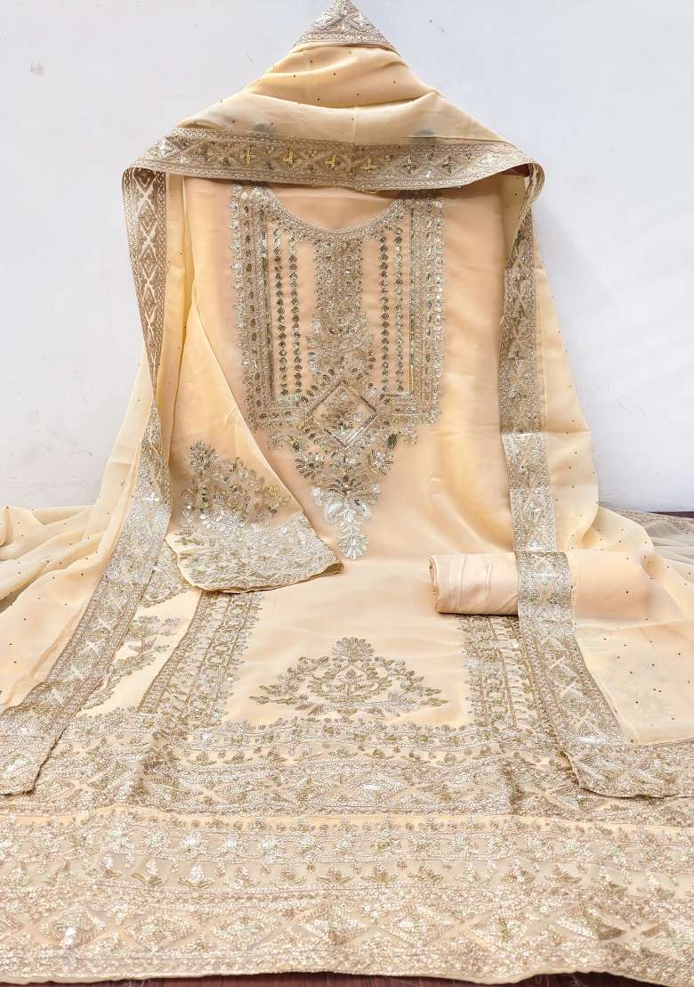 Beige Embroidered Georgette Dress Material - Indya