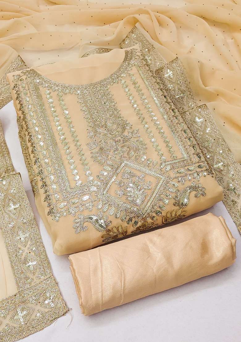Beige Embroidered Georgette Dress Material - Indya
