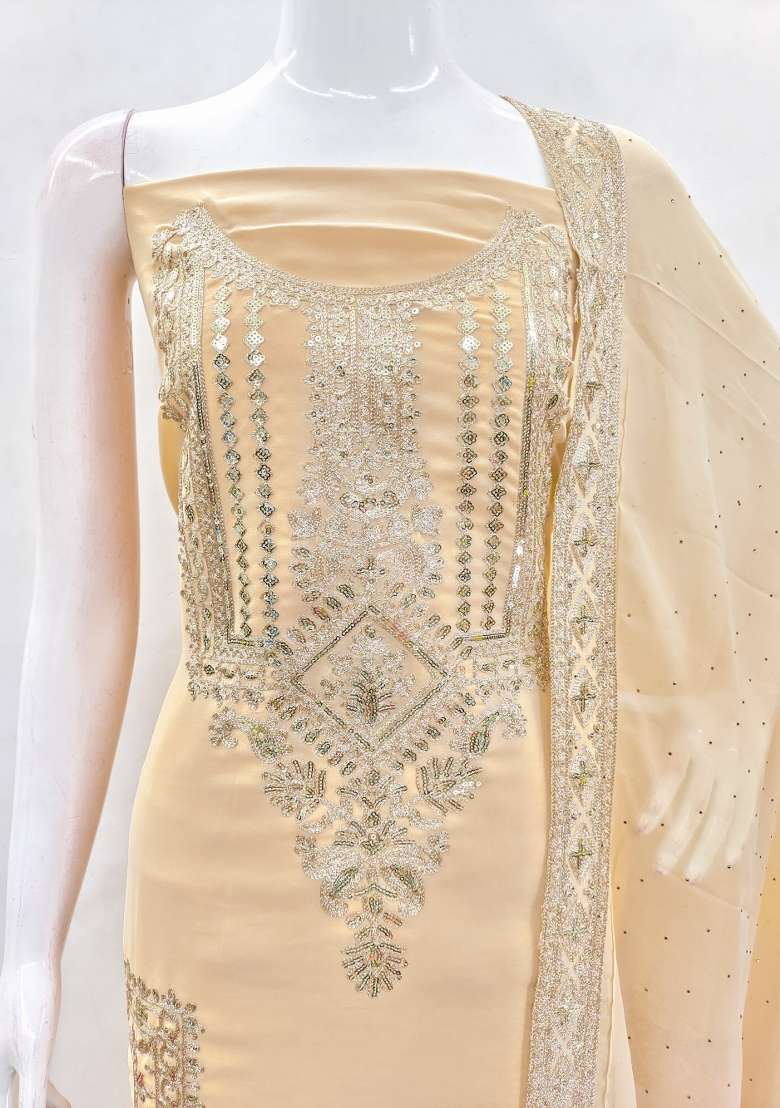 Beige Embroidered Georgette Dress Material - Indya