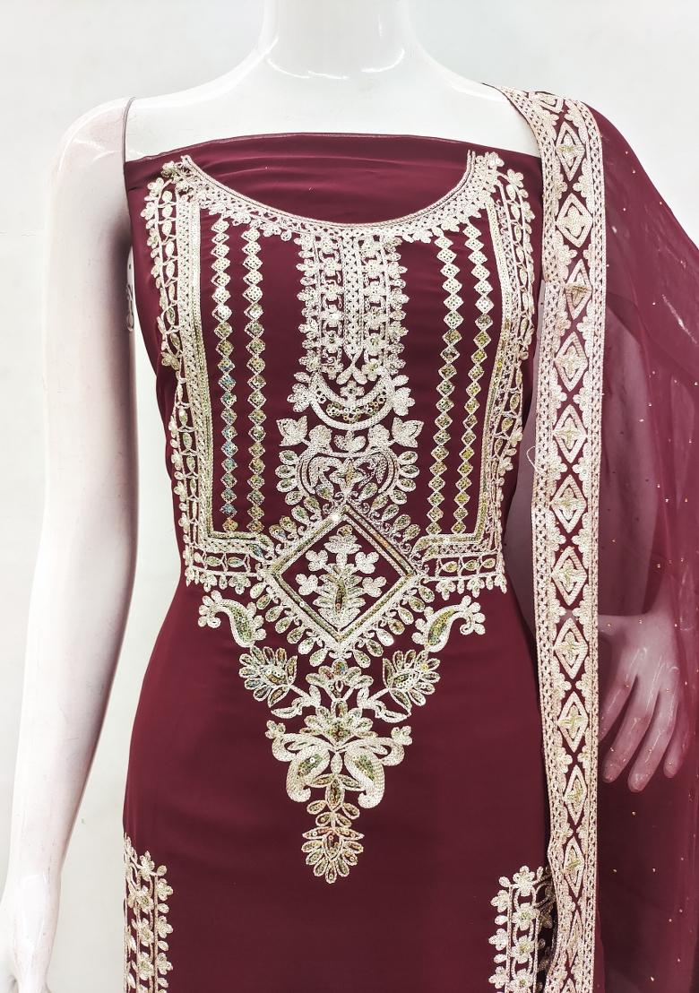 Maroon Embroidered Georgette Dress Material - Indya