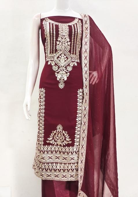 Maroon Embroidered Georgette Dress Material