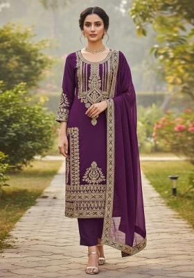 Purple Embroidered Georgette Dress Material