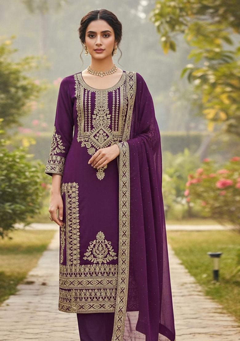 Purple Embroidered Georgette Dress Material - Indya