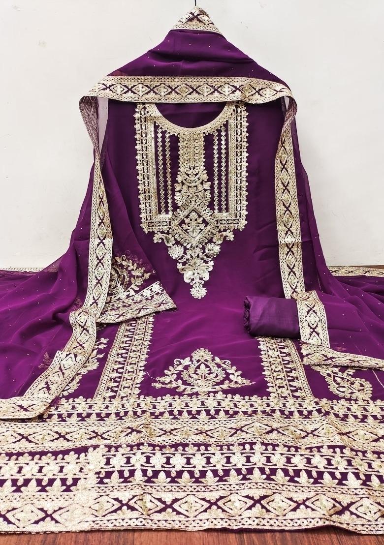Purple Embroidered Georgette Dress Material - Indya