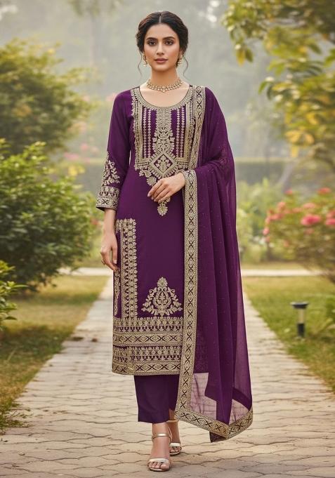 Purple Embroidered Georgette Dress Material