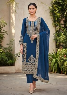 Teal Blue Embroidered Georgette Dress Material