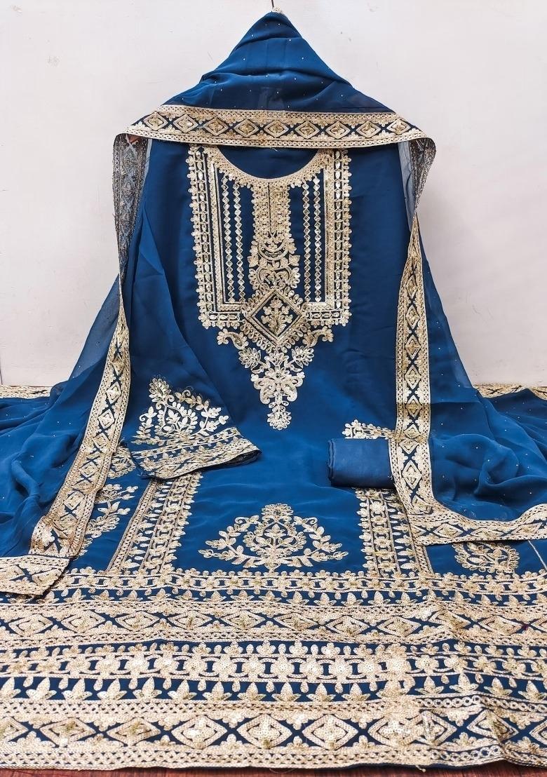 Teal Blue Embroidered Georgette Dress Material - Indya