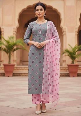 Grey Embroidered Cotton Blend Dress Material