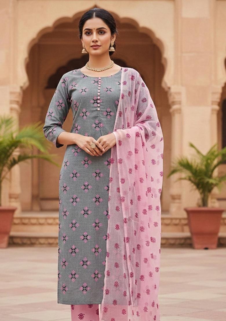 Grey Embroidered Cotton Blend Dress Material - Indya