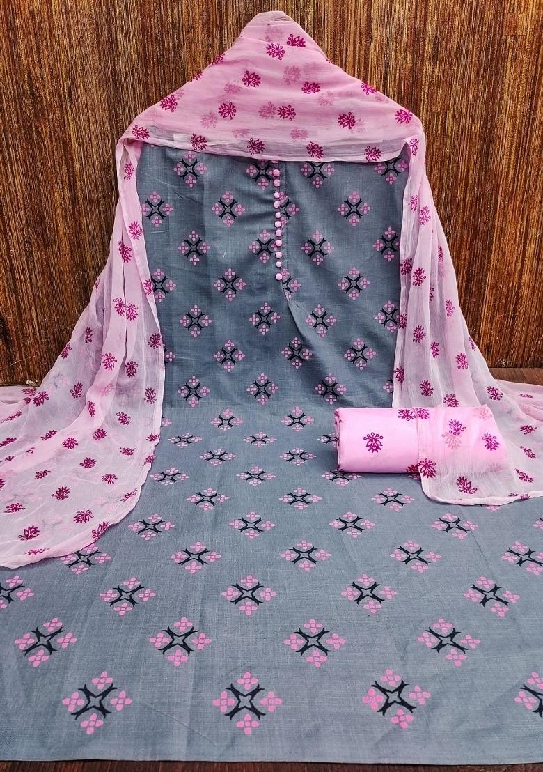 Grey Embroidered Cotton Blend Dress Material - Indya