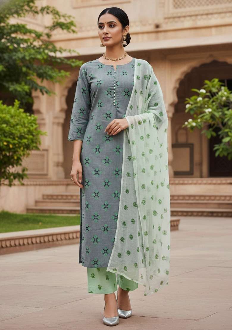 Grey Printed Blended Straight Kurta Set - Indya