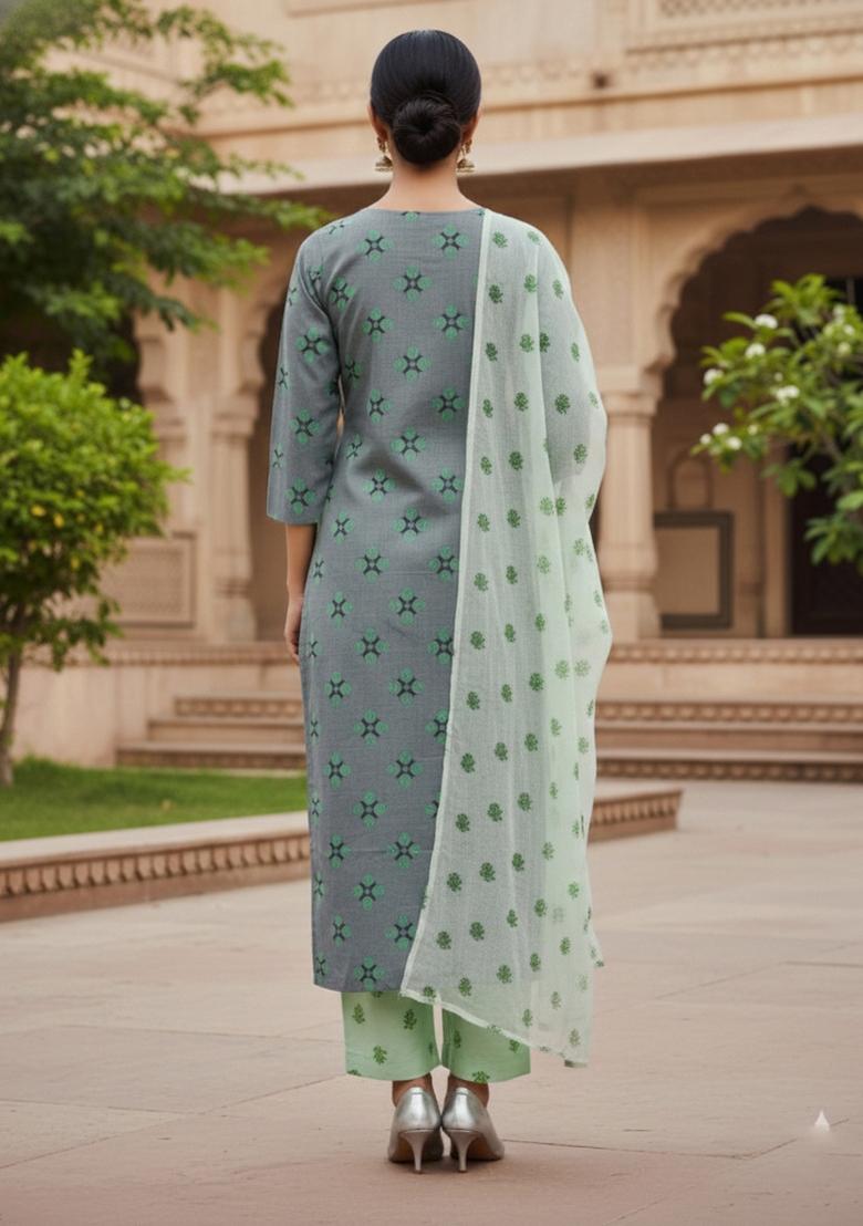 Grey Embroidered Cotton Blend Dress Material - Indya