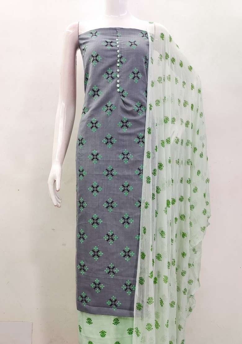 Grey Printed Blended Straight Kurta Set - Indya