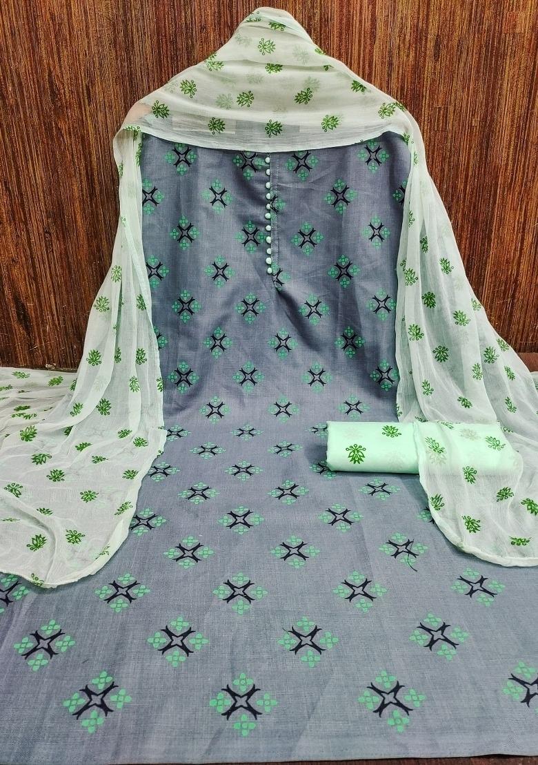 Grey Embroidered Cotton Blend Dress Material - Indya