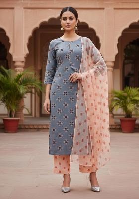 Grey Embroidered Cotton Blend Dress Material