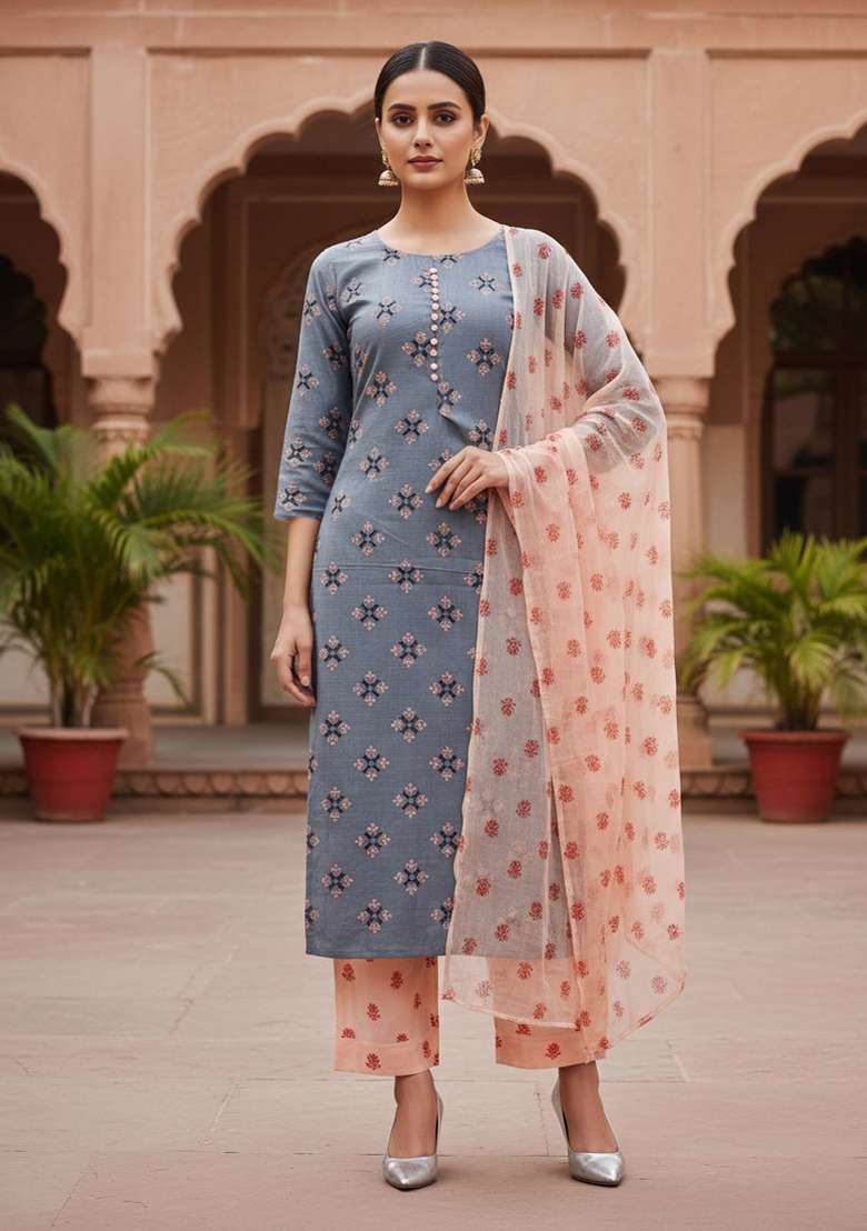 Grey Printed Blended Straight Kurta Set - Indya
