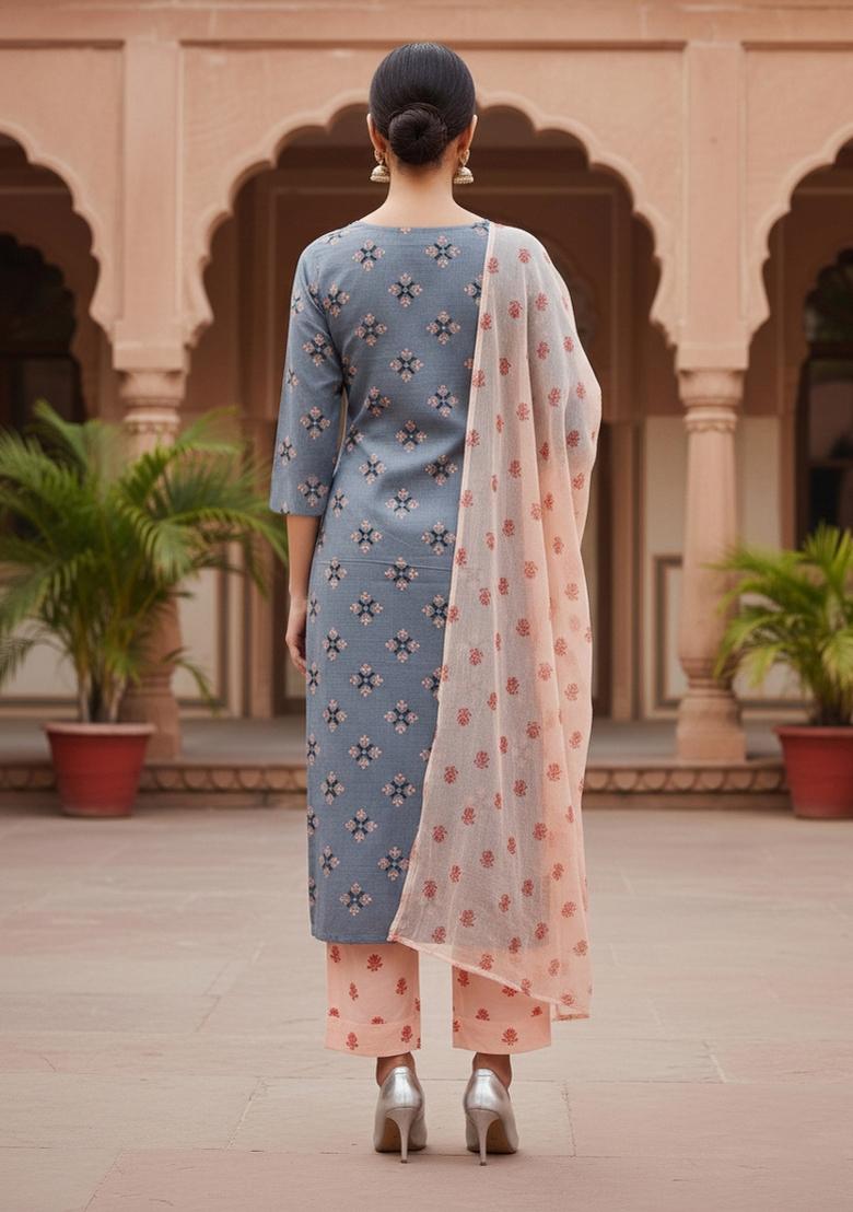Grey Embroidered Cotton Blend Dress Material - Indya