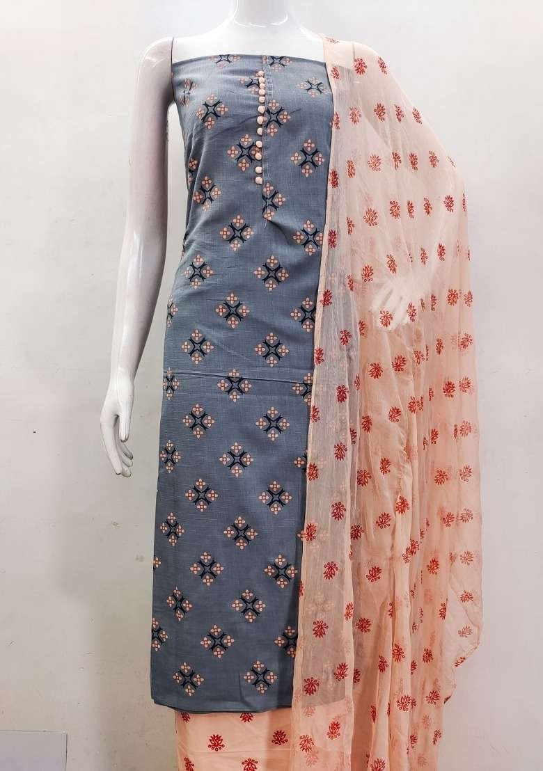Grey Printed Blended Straight Kurta Set - Indya