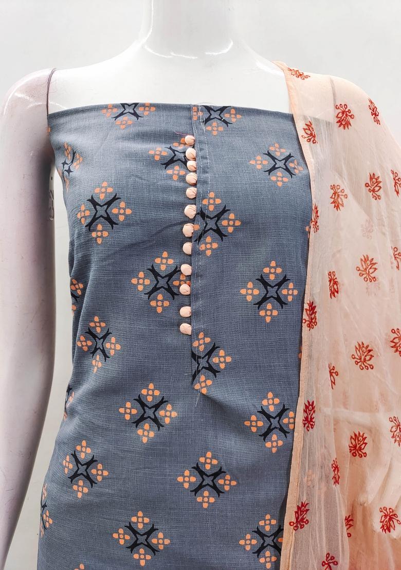 Grey Embroidered Cotton Blend Dress Material - Indya