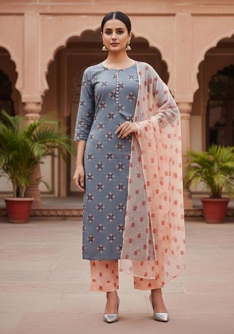 Grey Embroidered Cotton Blend Dress Material