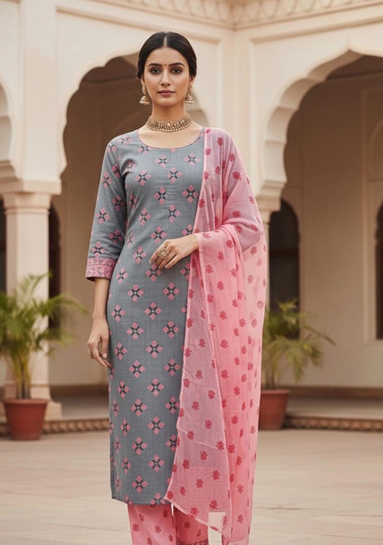 Grey Embroidered Cotton Blend Dress Material - Indya