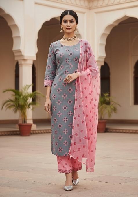 Grey Embroidered Cotton Blend Dress Material