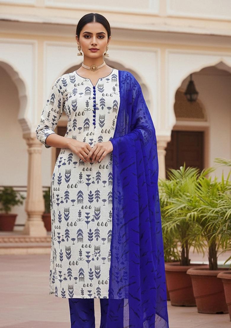 Cream Embroidered Cotton Blend Dress Material - Indya