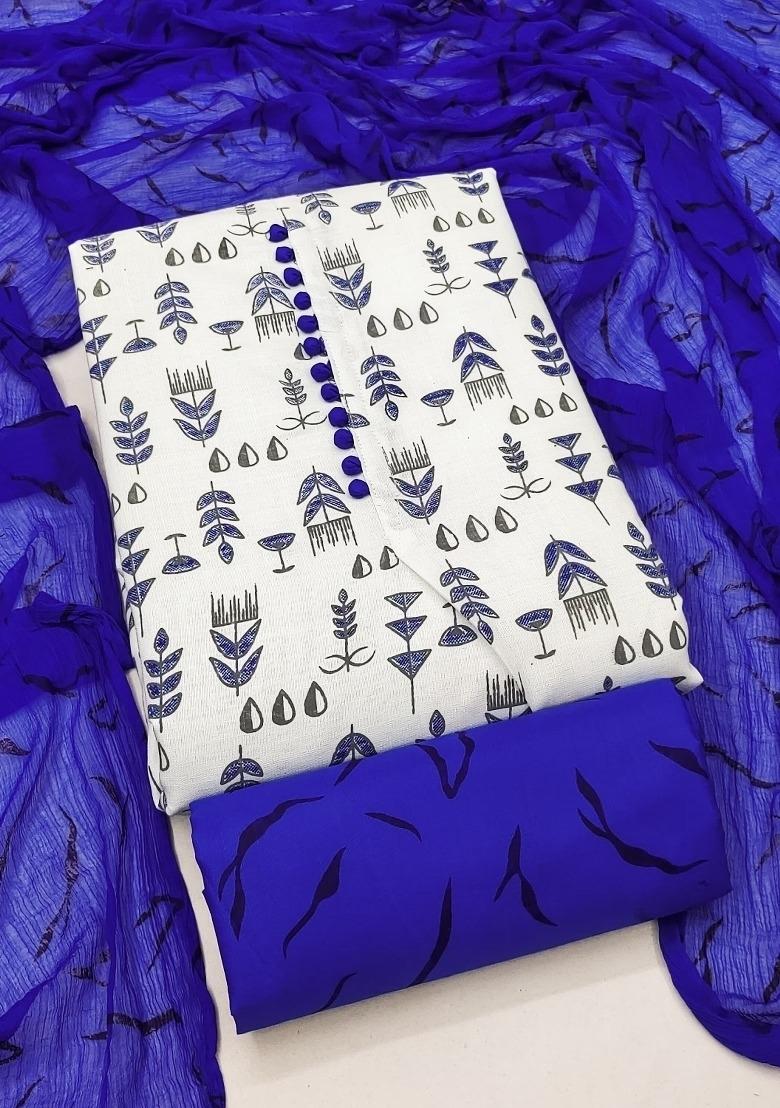 Cream Embroidered Cotton Blend Dress Material - Indya