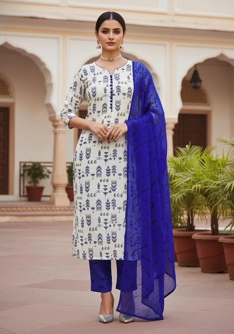 Cream Embroidered Cotton Blend Dress Material