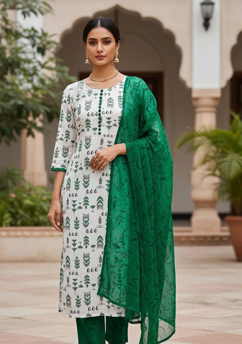 Cream Embroidered Cotton Blend Dress Material - Indya
