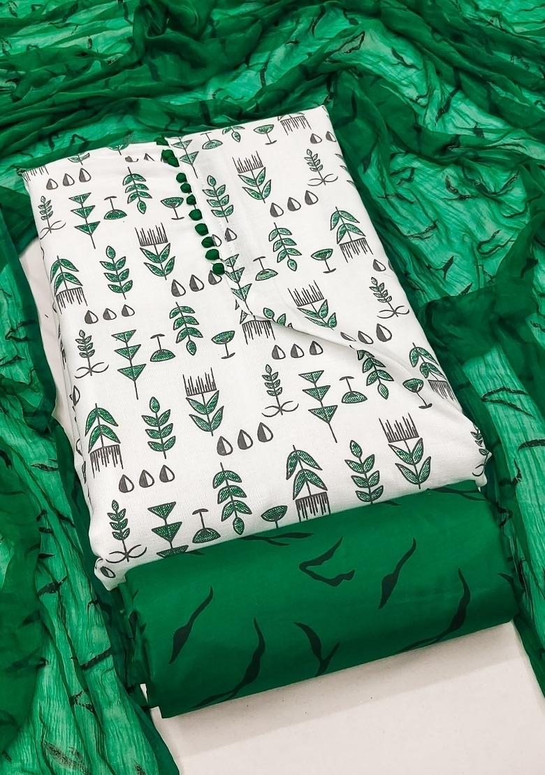 Cream Embroidered Cotton Blend Dress Material - Indya