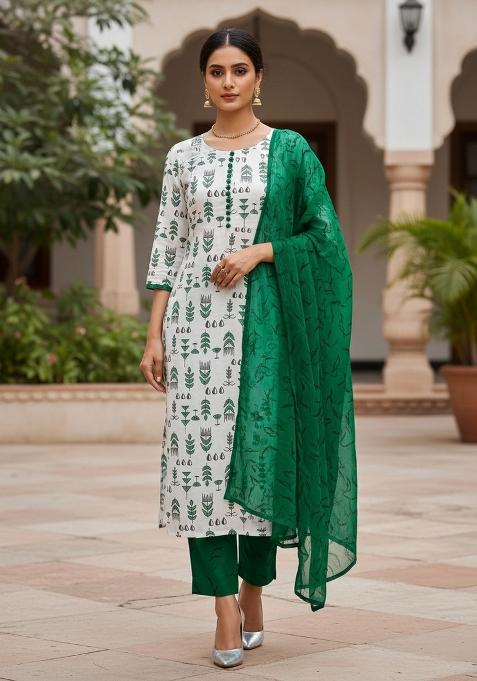 Cream Embroidered Cotton Blend Dress Material