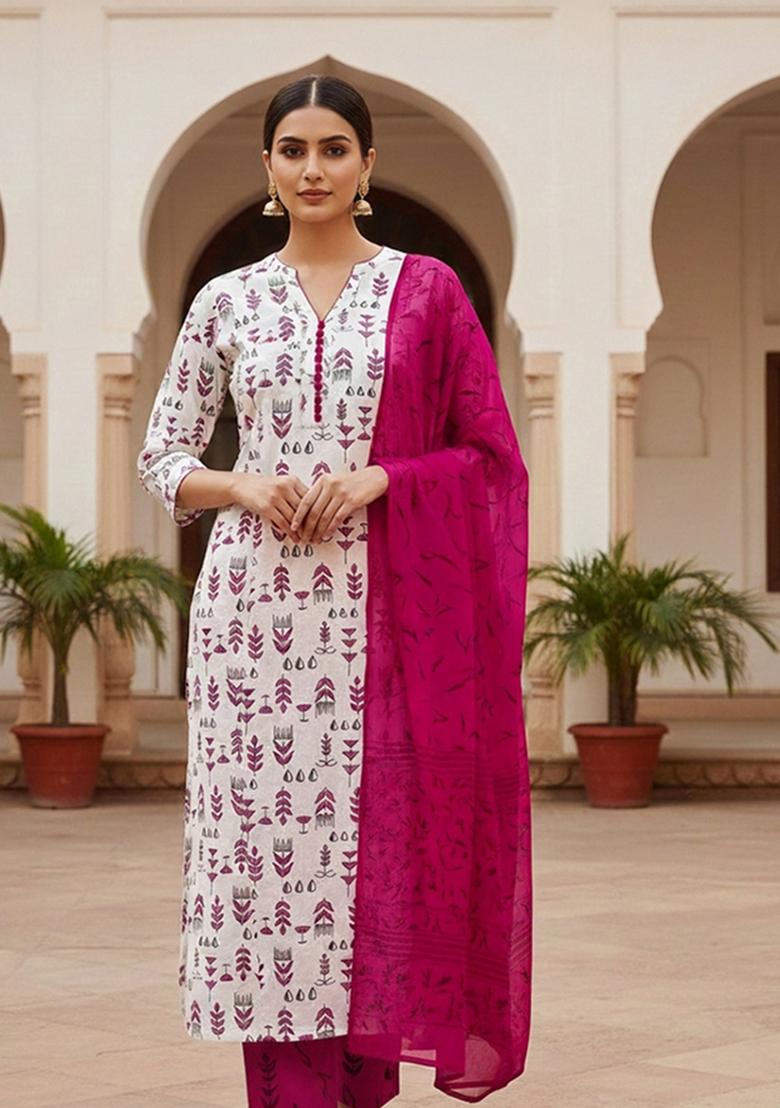 Cream Embroidered Cotton Blend Dress Material - Indya