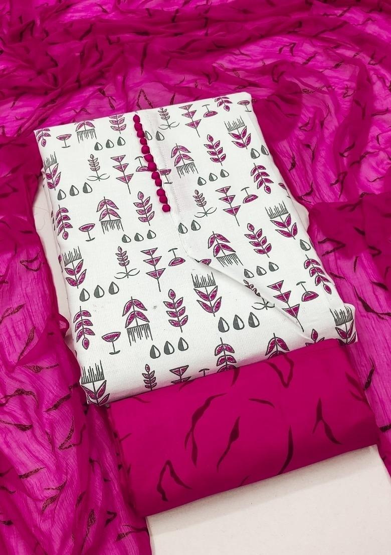 Cream Embroidered Cotton Blend Dress Material - Indya