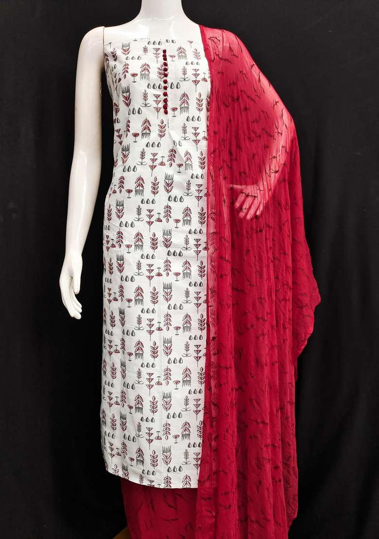 Cream Printed Blended Straight Kurta Set - Indya