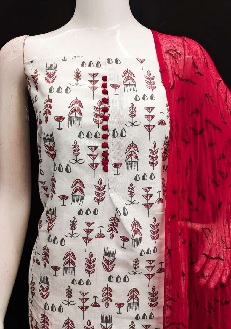 Cream Printed Blended Straight Kurta Set - Indya