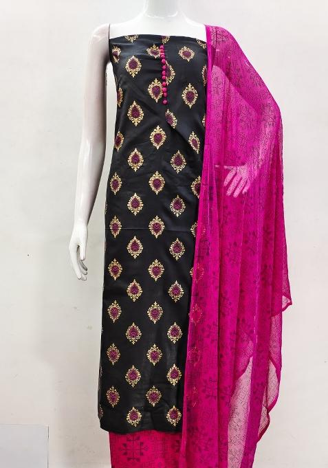 Black Embroidered Blended Straight Kurta Set