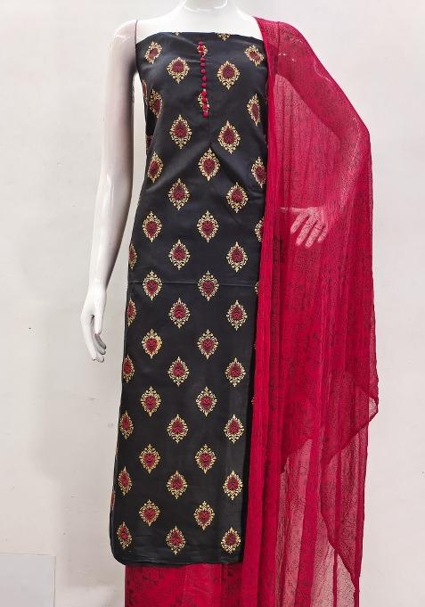 Black Embroidered Cotton Blend Dress Material
