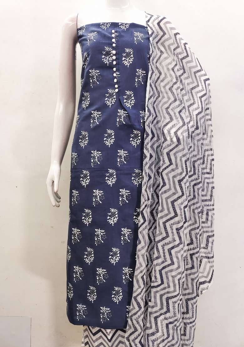 Navy Blue Printed Cotton Straight Kurta Set - Indya