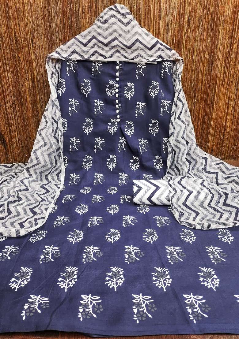 Navy Blue Printed Cotton Straight Kurta Set - Indya