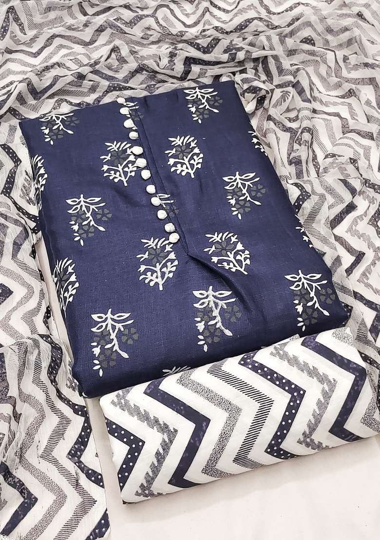 Navy Blue Printed Cotton Straight Kurta Set - Indya