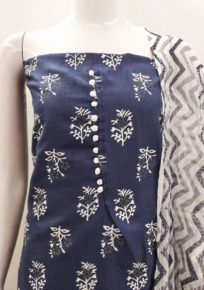 Navy Blue Printed Cotton Straight Kurta Set - Indya