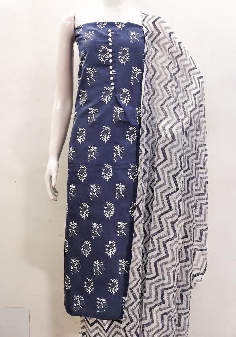 Navy Blue Printed Cotton Straight Kurta Set
