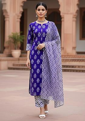 Royal Blue Embroidered Cotton Blend Dress Material