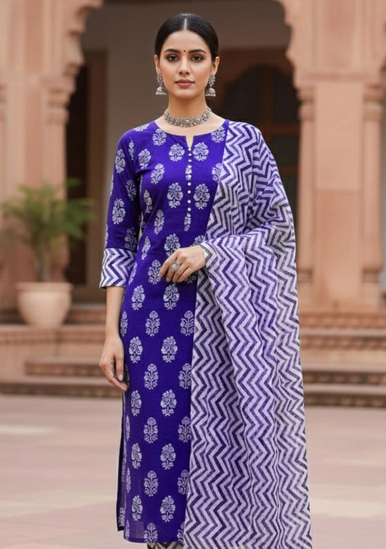 Royal Blue Embroidered Cotton Blend Dress Material - Indya