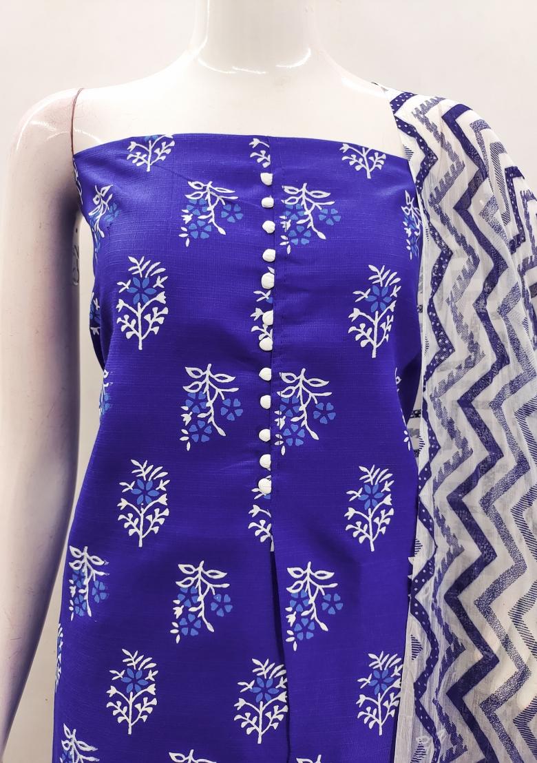 Royal Blue Embroidered Cotton Blend Dress Material - Indya